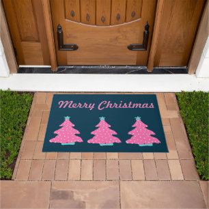 Merry Christmas Pink Contemporary Christmas Trees Doormat