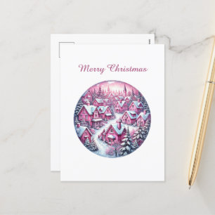 Merry Christmas Pink Country Town Holiday Postcard