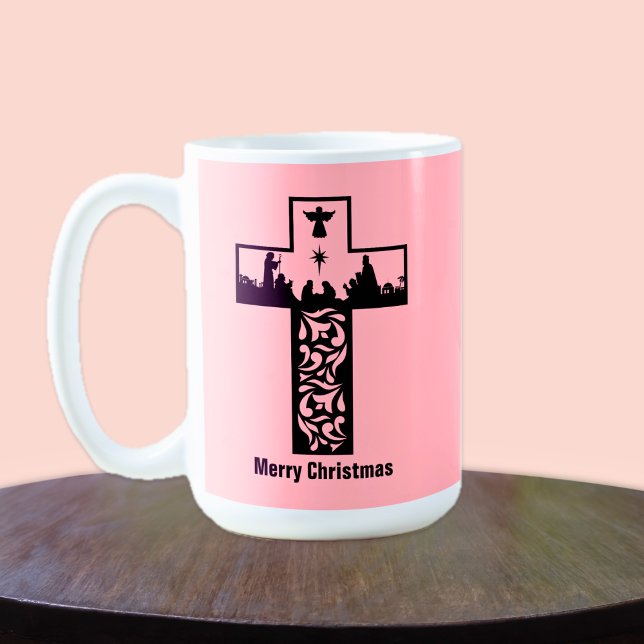 Merry Christmas Pink Cross | Nativity  Coffee Mug (Merry Christmas Pink Cross | Nativity Coffee Mug)