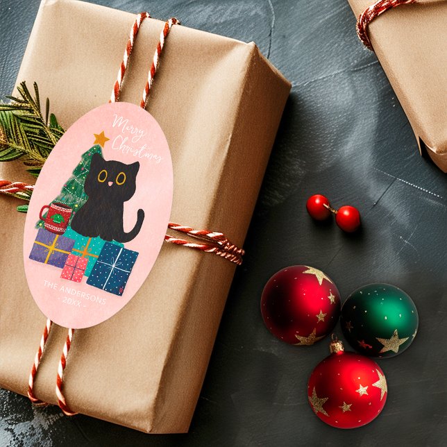 Merry Christmas Pink Cute Black Cat Christmas Tree Oval Sticker (Creator Uploaded)