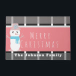 Merry Christmas Pink Cute Snowman Family Name Doormat<br><div class="desc">Cute Christmas Door Mat- Welcome Mat with Cute Snowman</div>