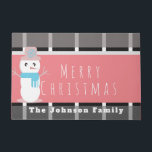 Merry Christmas Pink Cute Snowman Family Name Doormat<br><div class="desc">Cute Christmas Door Mat- Welcome Mat with Cute Snowman</div>