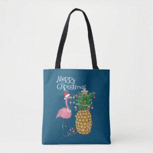 Merry Christmas Pink Flamingo Christmas Tote Bag