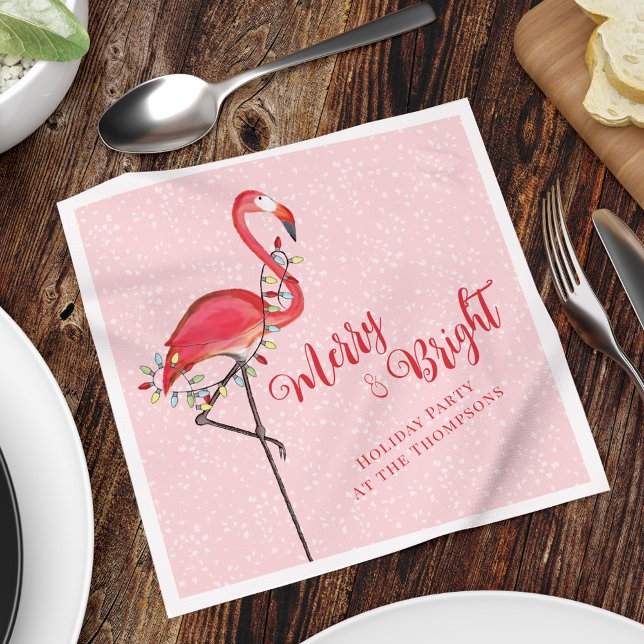 Merry Christmas Pink Flamingo Custom Napkin (Cute Christmas Merry and Bright pink flamingo holiday lights.)