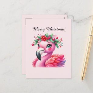 Merry Christmas pink flamingo customizable Holiday Postcard