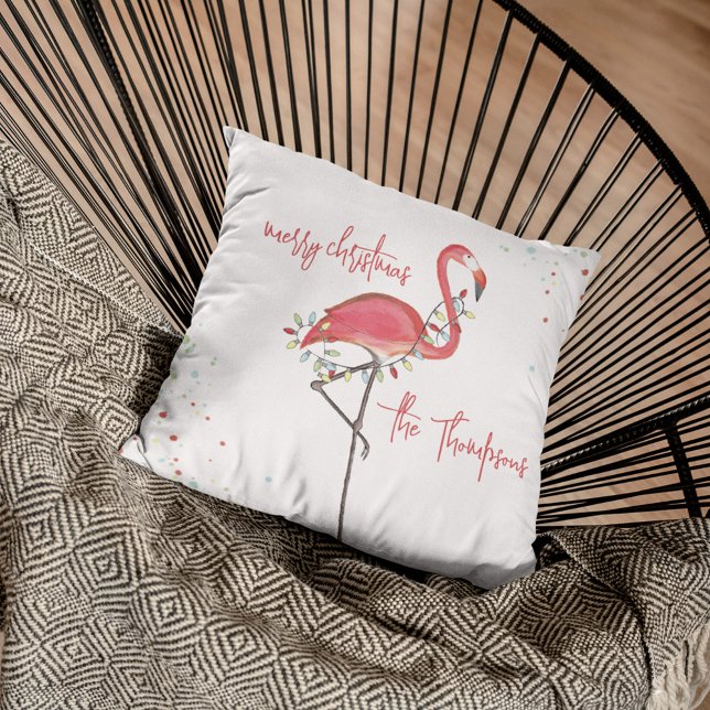 Merry Christmas Pink Flamingo Festive Custom Cushion (Christmas "Merry Christmas" cute whimsical pink flamingo throw pillow)