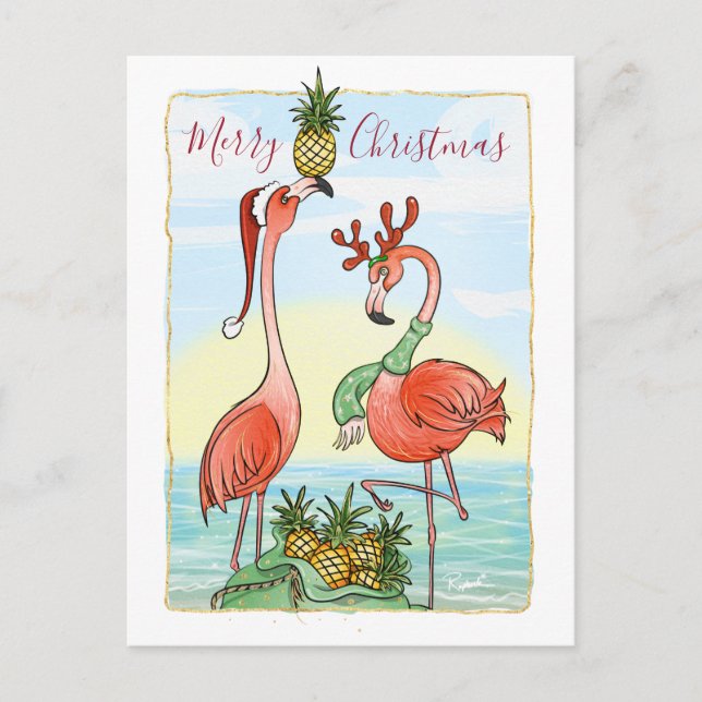 Merry Christmas Pink Flamingo Hawaiin Pineapple Announcement Postcard (Front)