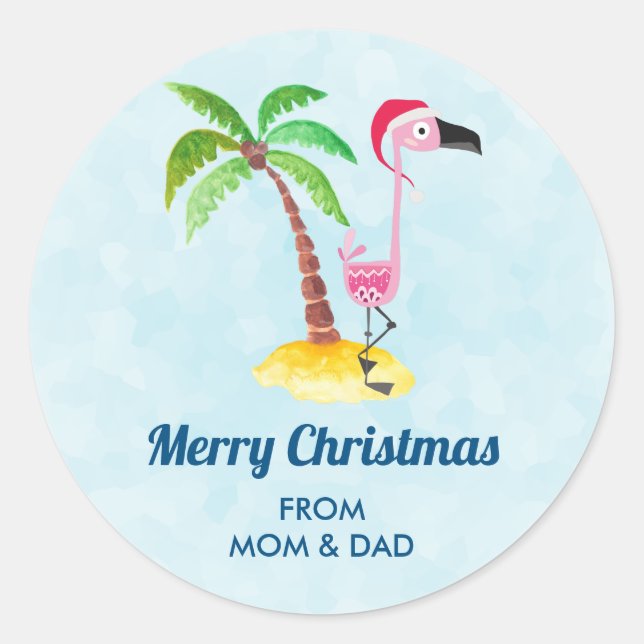 Merry Christmas Pink Flamingo in a Red Santa Hat Classic Round Sticker (Front)