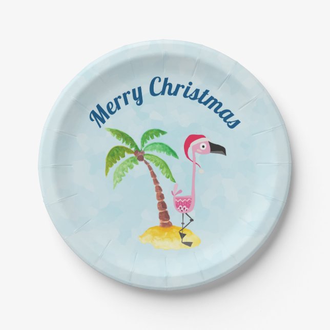 Merry Christmas Pink Flamingo in Santa Hat Paper Plate (Front)