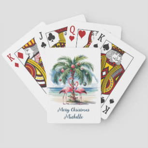 Merry Christmas Pink Flamingo Personalized Playing Cards