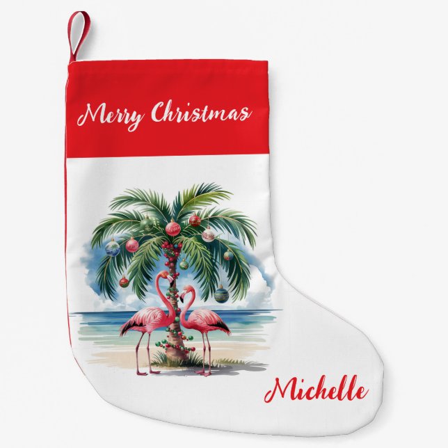 Merry Christmas Pink Flamingo Personalized Small Christmas Stocking (Front)