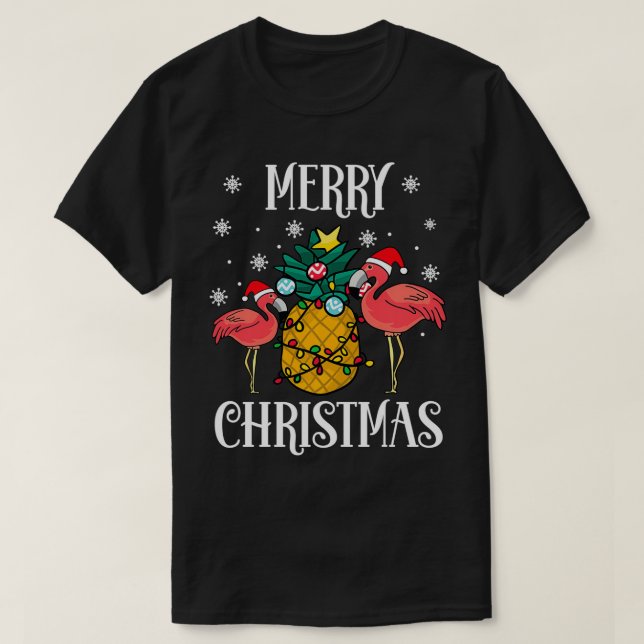 Merry Christmas Pink Flamingo Pineapple Cute Holid T-Shirt (Design Front)