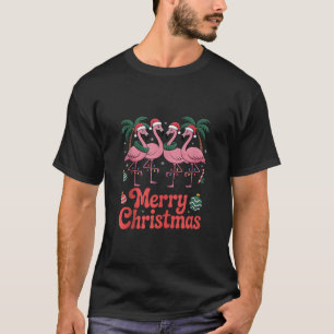 Merry Christmas Pink Flamingo Santa Hat Xmas Light T-Shirt