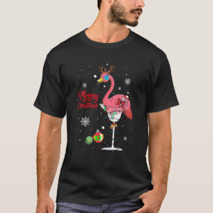 Merry Christmas Pink Flamingo Wine Drinking Lights T-Shirt