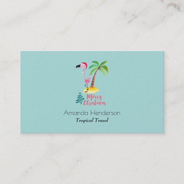 Merry Christmas Pink Flamingo With Palm Tree Business Card (Front)