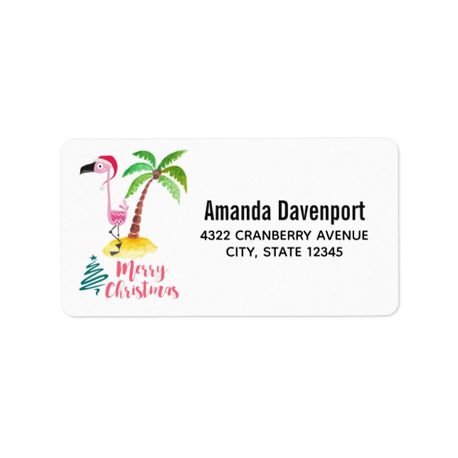 Merry Christmas Pink Flamingo With Palm Tree Label (Front)