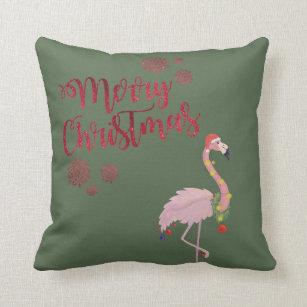 Merry Christmas, Pink Flamingo  With Santa Hat Cushion