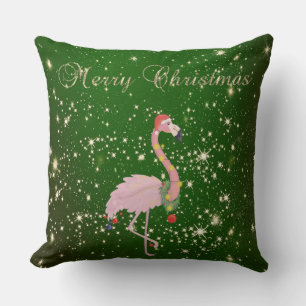 Merry Christmas,Pink Flamingo With Santa Hat,Green Cushion