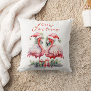 Merry Christmas Pink Flamingos Cushion
