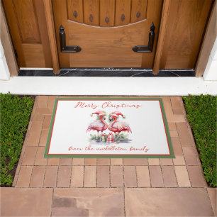 Merry Christmas Pink Flamingos Doormat