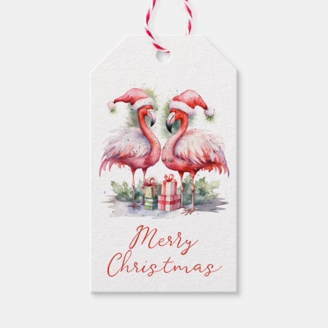 Merry Christmas Pink Flamingos Gift Tags (Front)