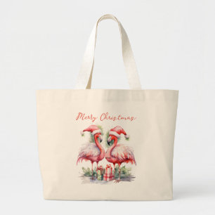 Merry Christmas Pink Flamingos Large Tote Bag