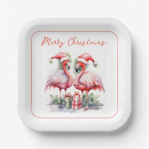 Merry Christmas Pink Flamingos Paper Plate