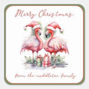 Merry Christmas Pink Flamingos Square Sticker