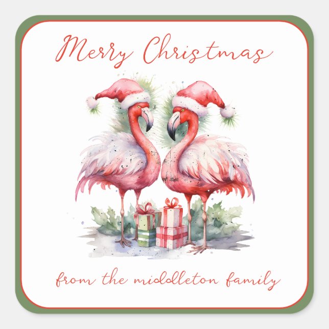 Merry Christmas Pink Flamingos Square Sticker (Front)