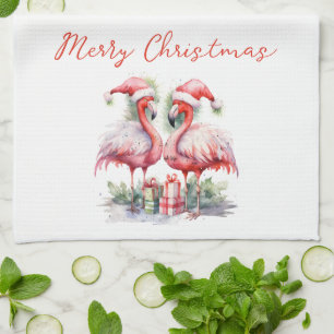 Merry Christmas Pink Flamingos Tea Towel