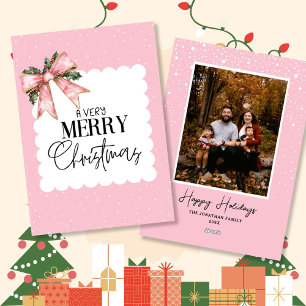 Merry Christmas Pink Floral Tape Snow Holiday Card