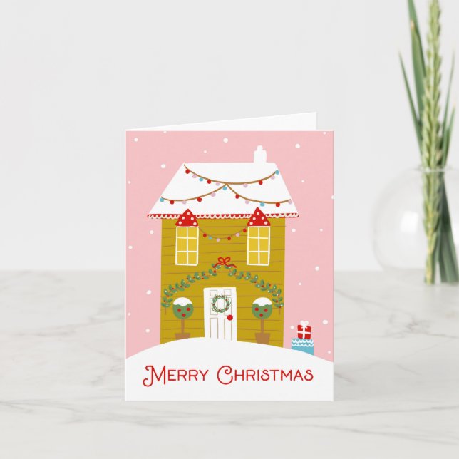 Merry Christmas Pink Gingerbread House Card (Front)