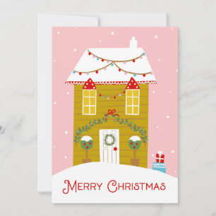 Merry Christmas Pink Gingerbread House Card