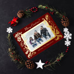 Merry christmas - pink gold decorations  foil holiday card<br><div class="desc">Merry Christmas. 
A beautifully ornated card with a real gold foil on a red background. 
The photo must be  customised with your family picture and the text with the names too. 
To wish a beautiful Christmas to your loved ones</div>