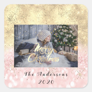 Merry Christmas Pink Gold Stars Glitter Photo Spar Square Sticker