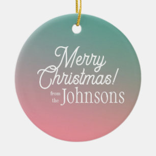 Merry Christmas Pink Green Ombre Ceramic Ornament