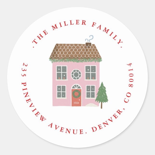 Merry Christmas Pink house Return address  Classic Round Sticker (Front)