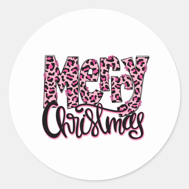 Merry Christmas Pink Leopard Typography Classic Round Sticker (Front)