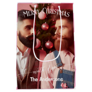 Merry Christmas Pink Photo   Custom Fam Name Medium Gift Bag