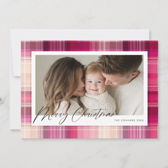 Merry Christmas pink plaid Flat Holiday Card (Front)