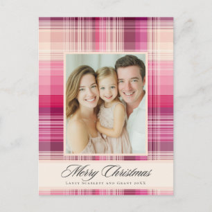 Merry Christmas pink plaid holiday design Postcard