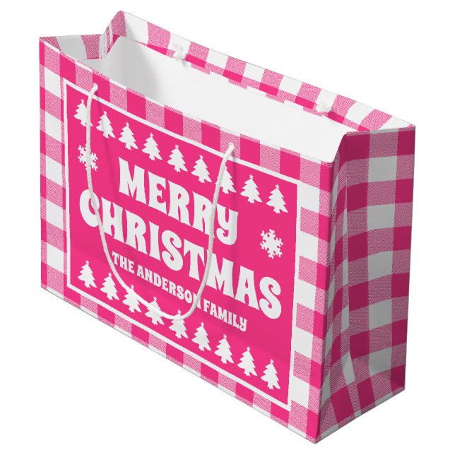 Merry Christmas Pink Plaid Holiday  Large Gift Bag (Front Angled)