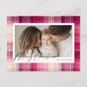 Merry Christmas pink plaid Holiday Postcard