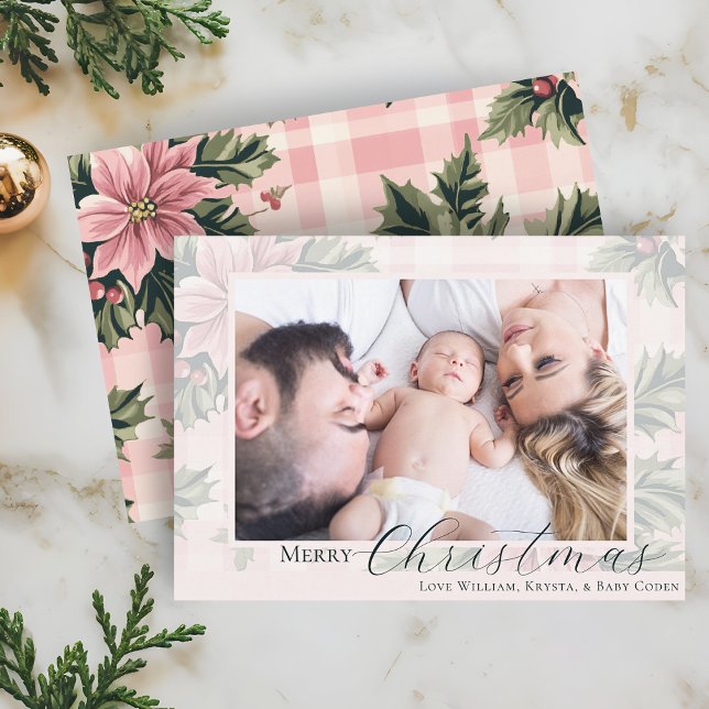 Merry Christmas Pink Plaid Poinsettia Photo Holiday Card (Merry Christmas Pink Plaid Poinsettia Holiday Greeting Card with Family Photo)