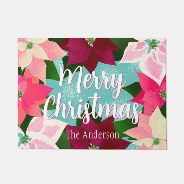 Merry Christmas Pink Poinsettias Doormat (Front)