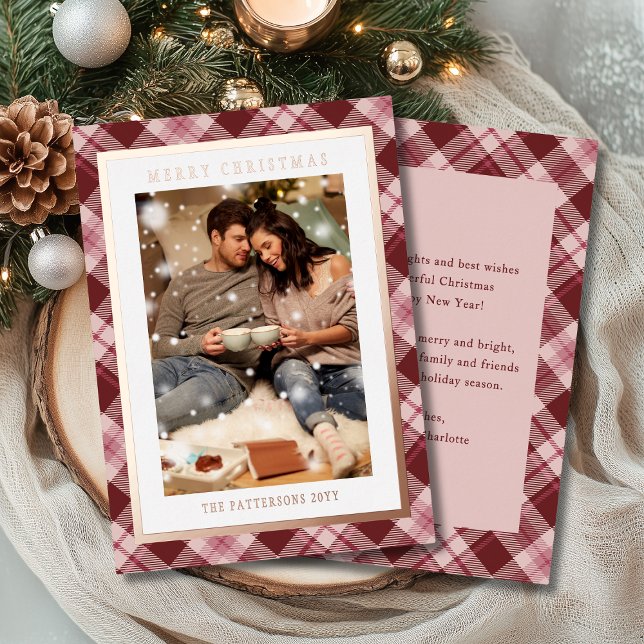 Merry Christmas Pink Red Plaid Tartan Photo Foil Holiday Card (Creator Uploaded)