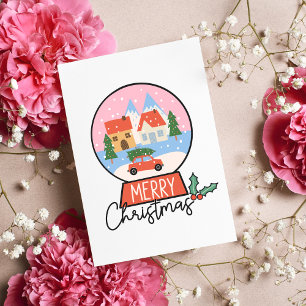 Merry Christmas Pink & Red Snow Globe Card