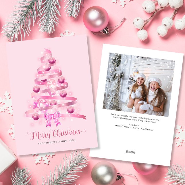 Merry Christmas Pink Ribbon Tree Photo Holiday Card (Merry Christmas Pink Ribbon Tree Photo Holiday Card)