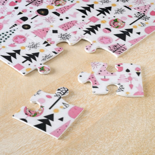 Merry Christmas Pink Santa Snowman Jigsaw Puzzle