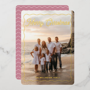 Merry Christmas Pink Script Wave Frame Photo Foil Holiday Card